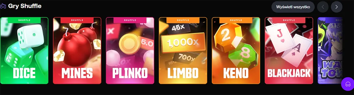 Row of Shuffle casino game cards including Dice, Mines, Plinko, Limbo, Keno, and Blackjack